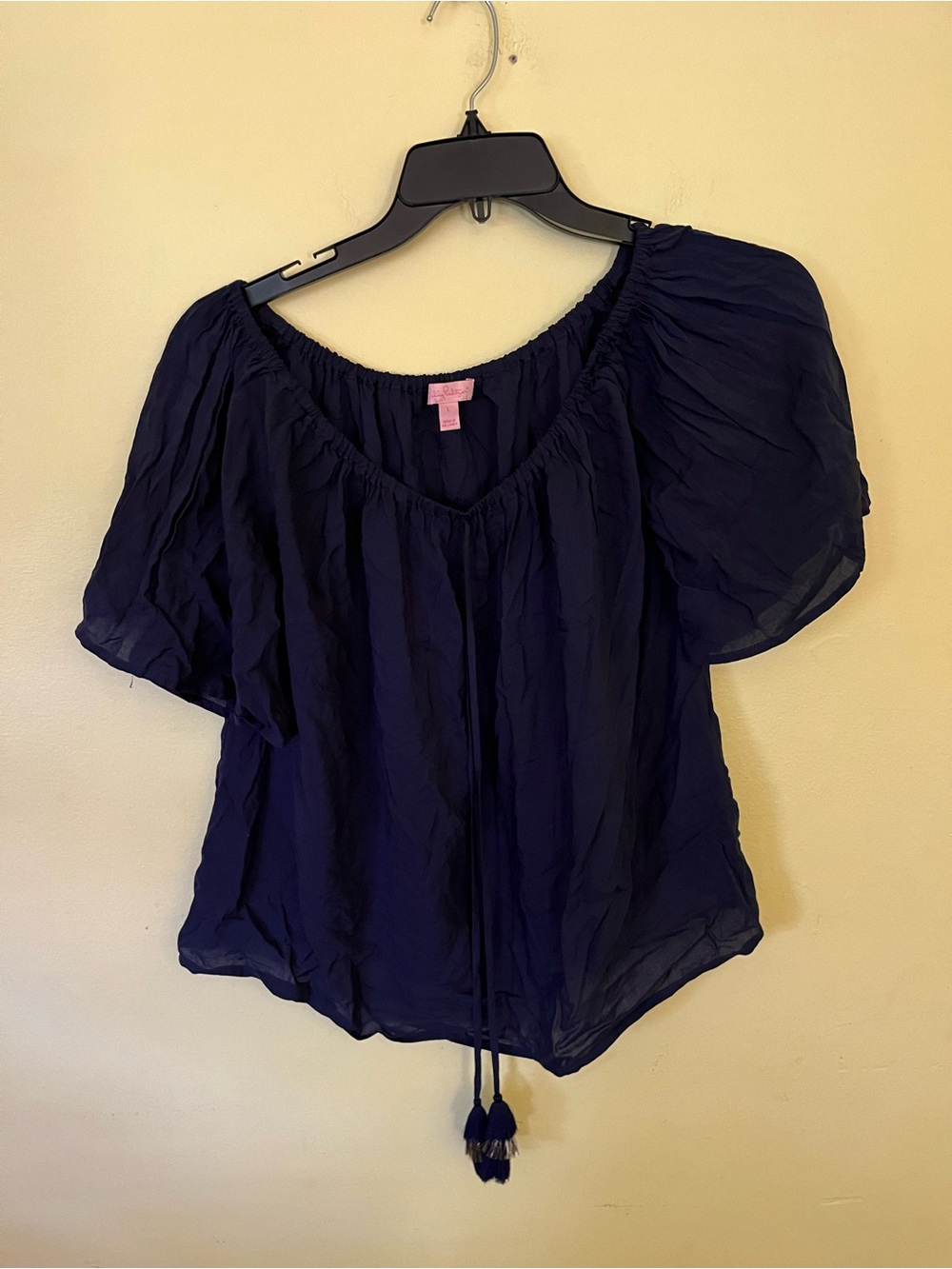 Lilly Pulitzer Navy Off-Shoulder Top with Tassel Hem